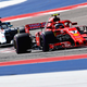 Kimi Räikkönen, then driving for Ferrari, leads the 2018 United States Grand Prix at the Circuit Of The Americas ahead of Mercedes’s Lewis Hamilton. Räikkönen would go on to win that race.